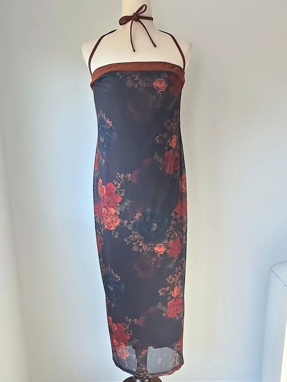 Floral slip Sheer Maxi Dress Black Brown & Red 0XL Roses Retro 90s Y2K